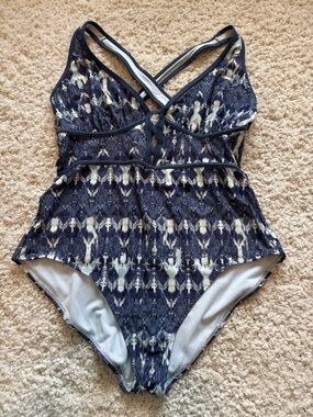 Adore Me Morgan Plus Size One-Piece Swimsuit Navy and White Abstract Print